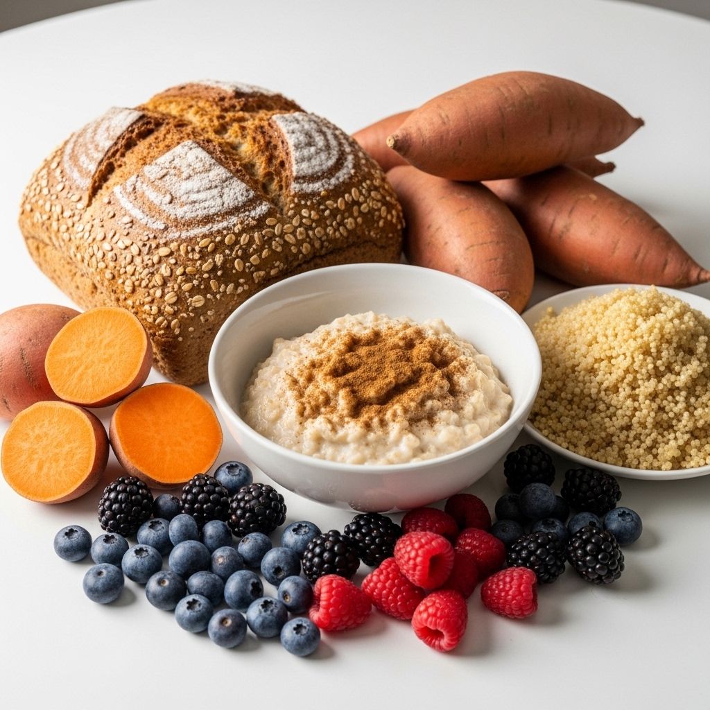 Sortiment av kolhydratrika livsmedel: brunt fullkornsbrød, havregryn, söt potatis, quinoa och färska bär på ett vitt bord