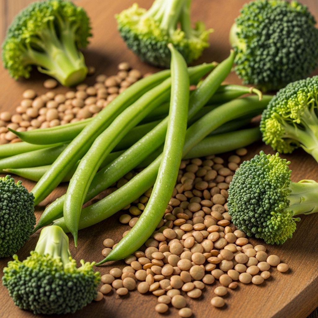 Närbild av färska gröna bönor, linser och broccoli, som representerar fiberrika växtbaserade livsmedel på en träskiva