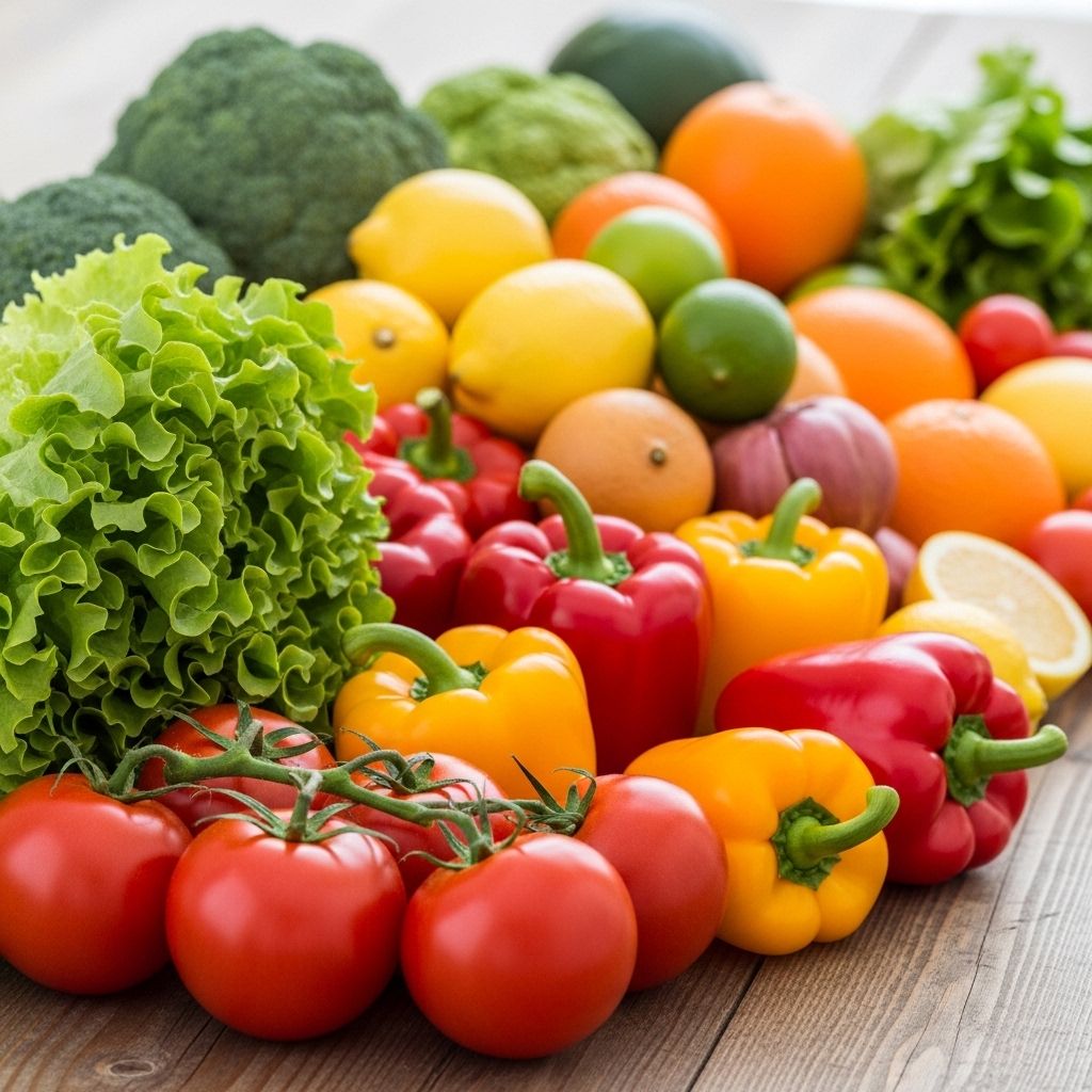 Färska grönsaker och frukter uppradade på ett träbord i naturligt dagsljus, med tomater, paprika, sallad och citrusfrukter i livfulla färger