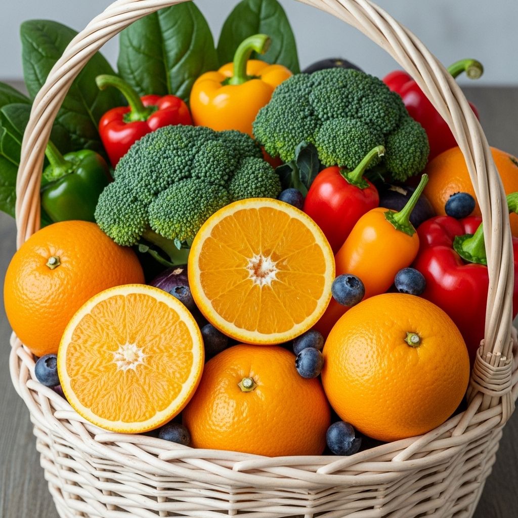 Färgrik samling av frukter och grönsaker rika på vitaminer: apelsin, broccoli, spenat, paprika och blåbär i en korg